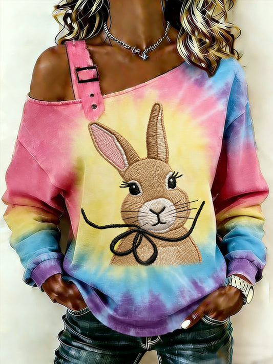 Women's Easter Cute Bunny Tie-Dye Print Casual Off-Shoulder Top