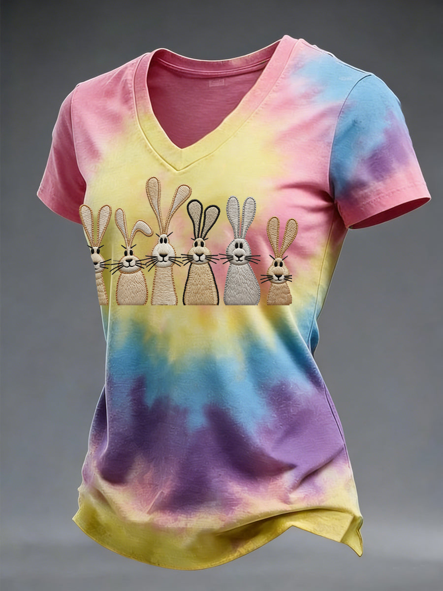 Women's Easter Cute Bunny Tie-Dye Print Casual V-Neck Tee