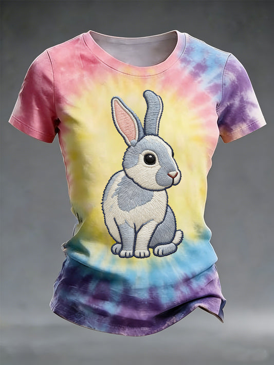 Women's Easter Cute Bunny Tie-Dye Print Casual Tee