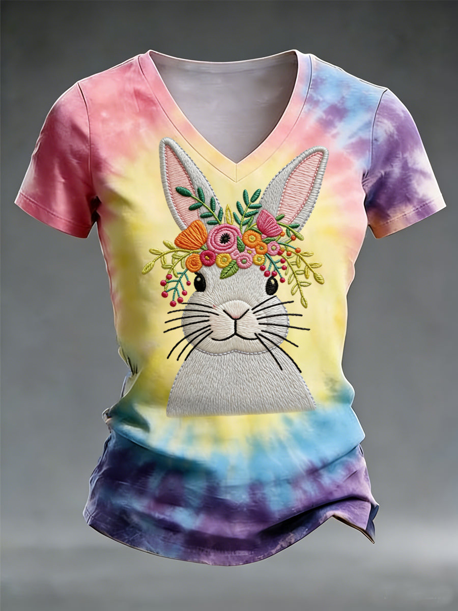 Women's Easter Cute Bunny Tie-Dye Print Casual V-Neck Tee