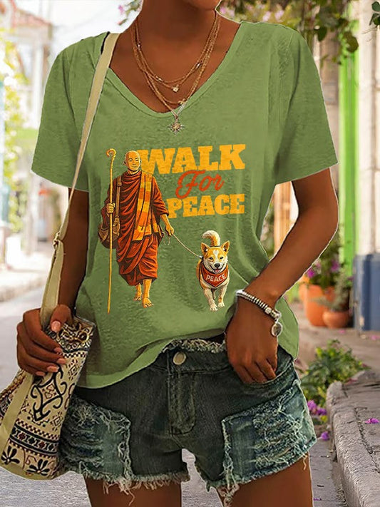 Women's Walk For Peace Monks With Aloka Dog Printed V-neck T-shirt