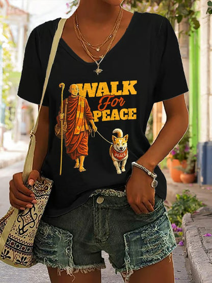 Women's Walk For Peace Monks With Aloka Dog Printed V-neck T-shirt