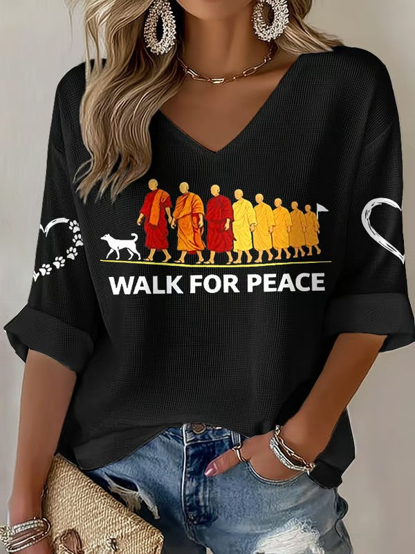 Women's Walk For Peace Monks With Aloka Dog Printed Waffle T-shirt