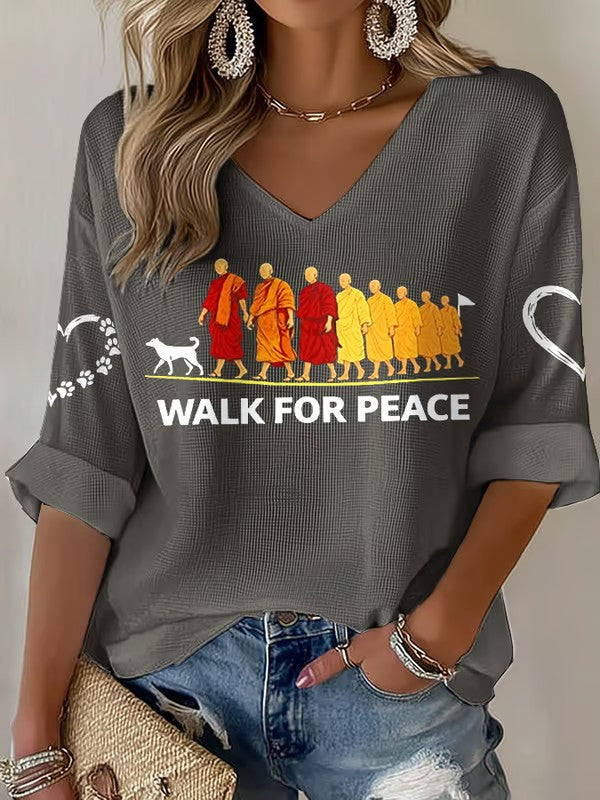 Women's Walk For Peace Monks With Aloka Dog Printed Waffle T-shirt