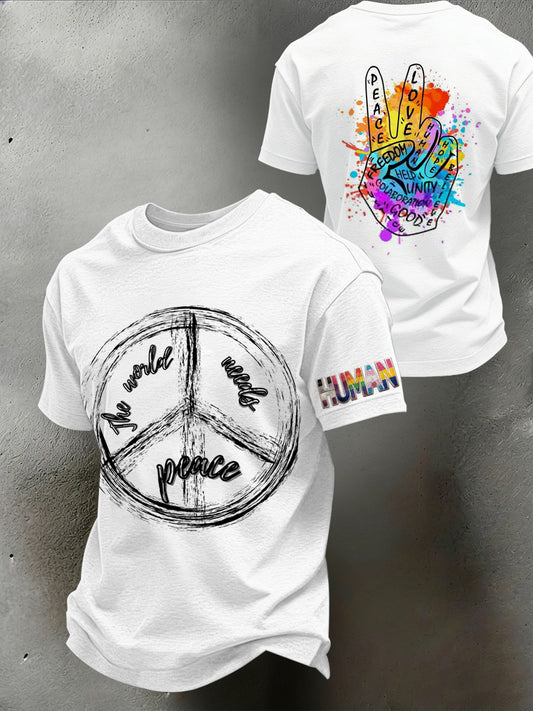 Men's Peace-Themed Distressed Street Style Printed T-Shirt