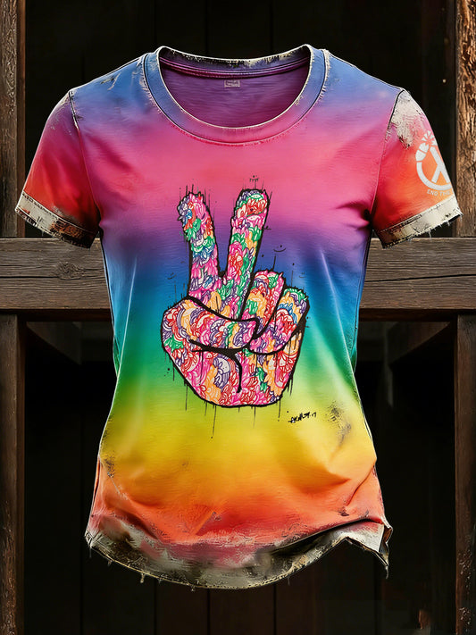 Women's Peace-Themed Distressed Street Style Printed T-Shirt