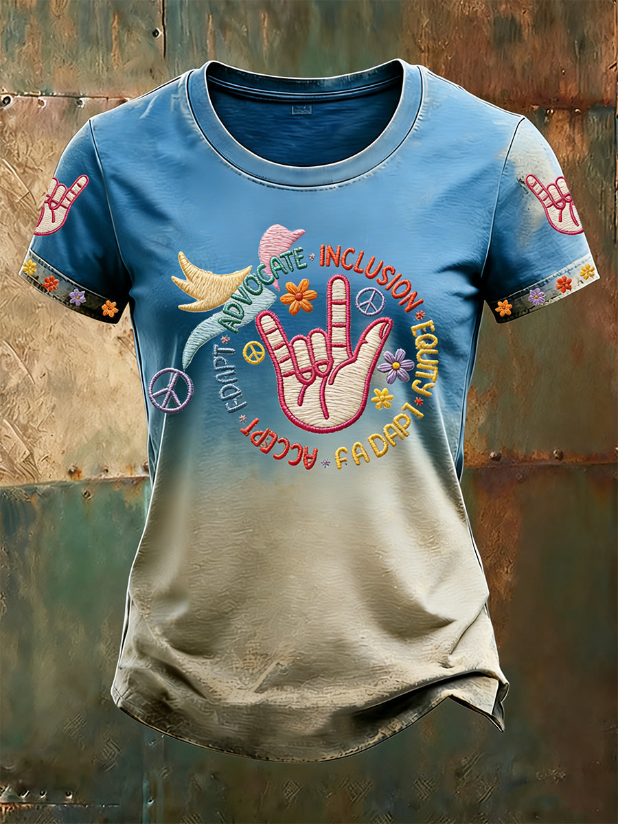 Women's Peace-Themed Distressed Street Style Printed T-Shirt