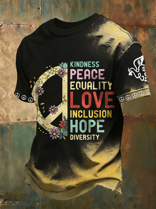 Men's Peace-Themed Distressed Street Style Printed T-Shirt