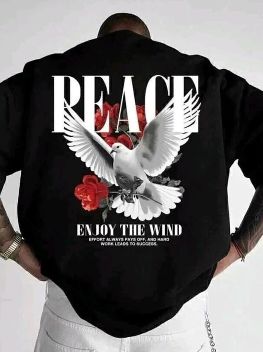 Men's Peace-Themed Distressed Street Style Printed T-Shirt