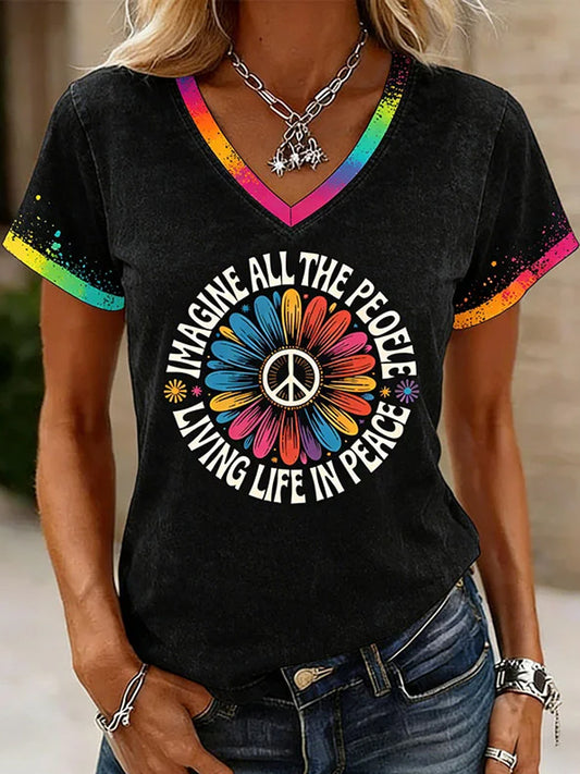 Women's Imagine All The People Living Life In Peace Print V-Neck Tee