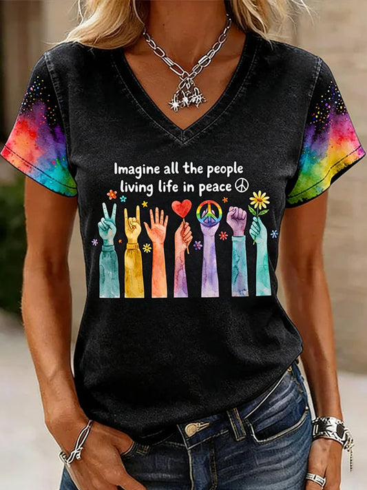 Women's Imagine All The People Living Life In Peace Print V-Neck Tee