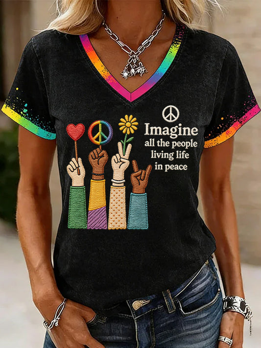Women's Imagine All The People Living Life In Peace Print V-Neck Tee