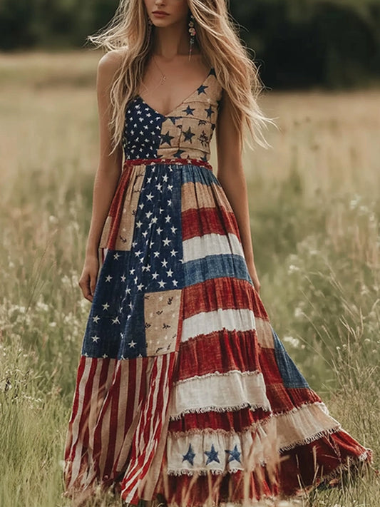 Women's American Flag Patchwork Maxi Dress