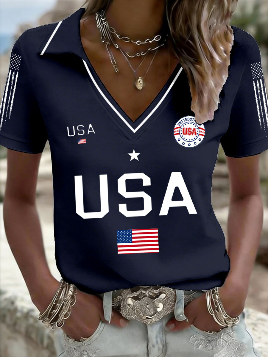 Women's USA Flag V-Neck Tops