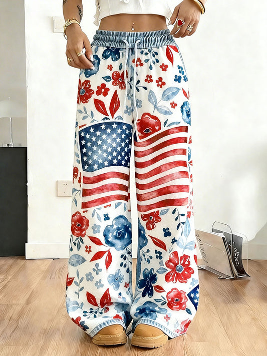 Women's Floral American Flag Casual Pants