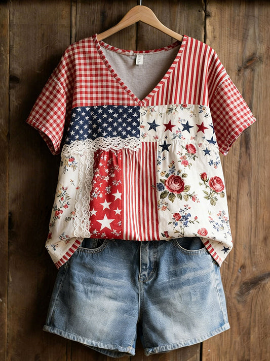 Women's Patchwork Floral Print Casual T-Shirt