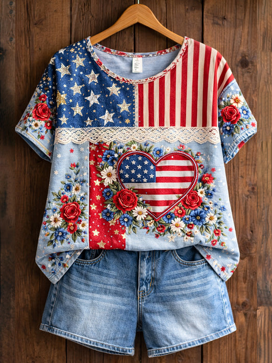 Women's Retro American Floral Patchwork Print Casual T-shirt