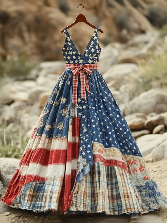 Women's American Flag Patchwork Maxi Dress
