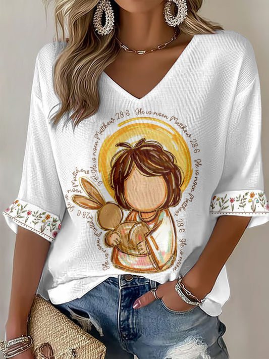 Women's interesting Jesus and rabbit V-neck tops