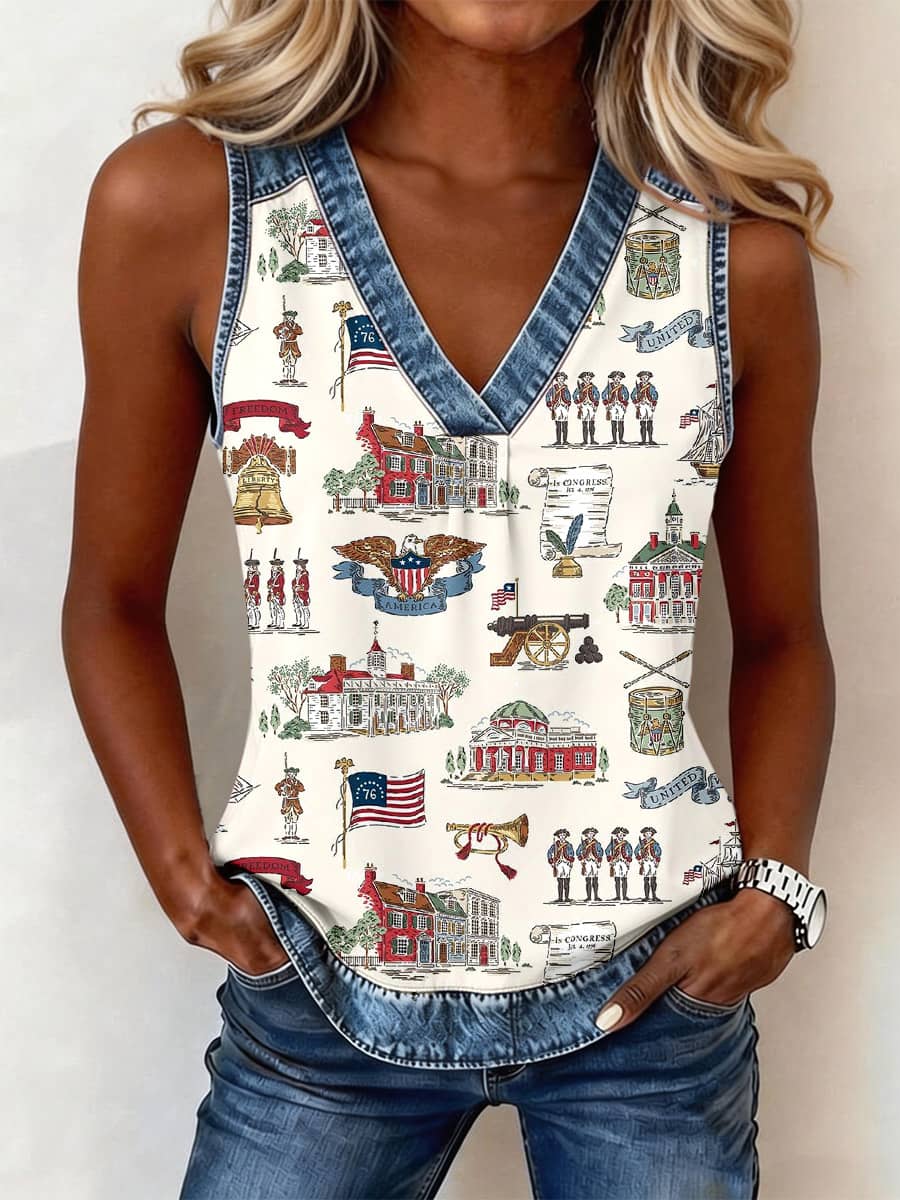Women's Independence Day Inspired Print Denim Patchwork Top