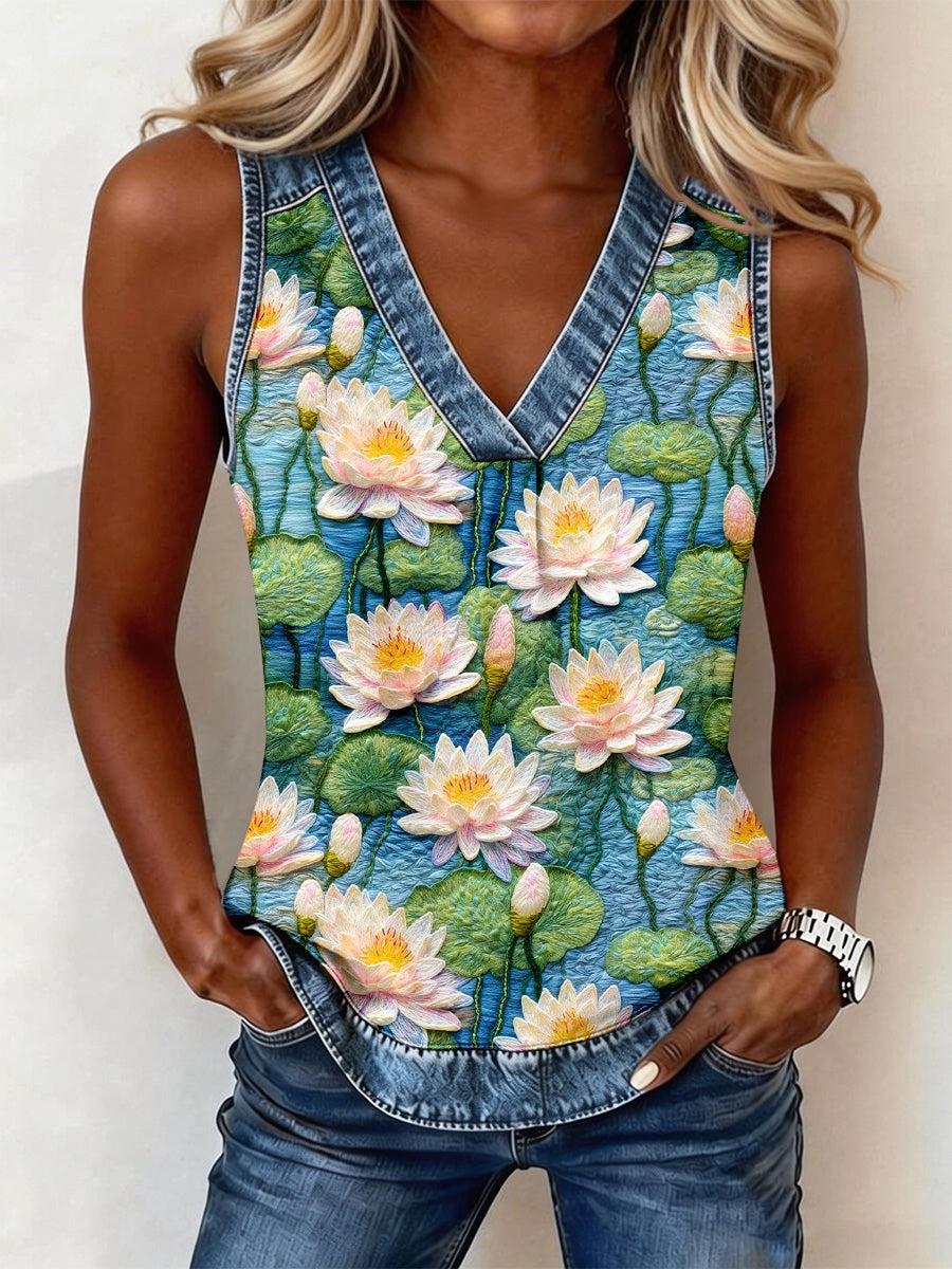 Women's Classy Water Lily Pattern Denim Patchwork Top