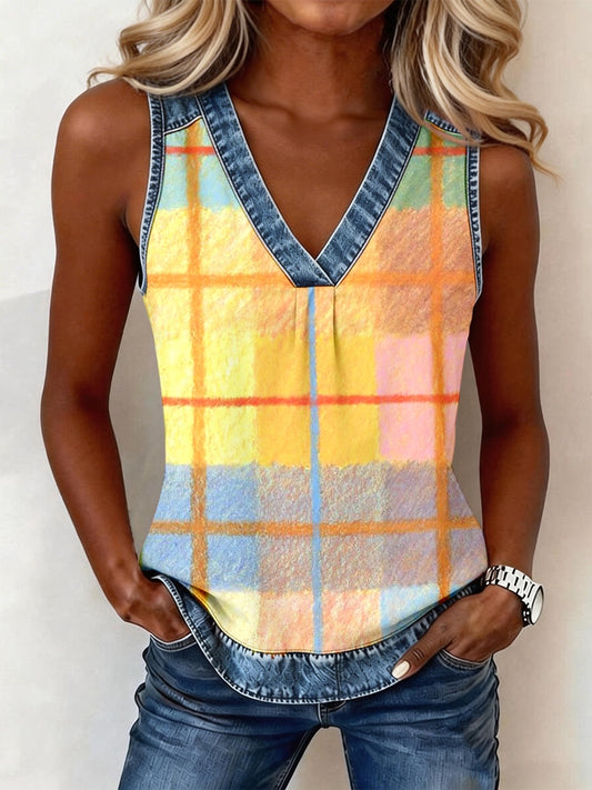 Women's Bright Plaid Pattern Denim Patchwork Top