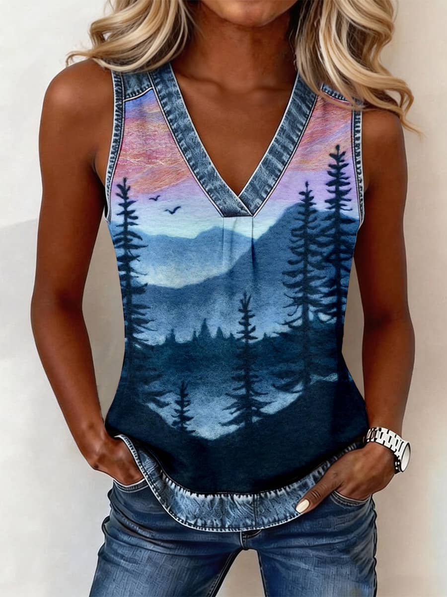 Women's Felt Art Landscape Pattern Denim Patchwork Top