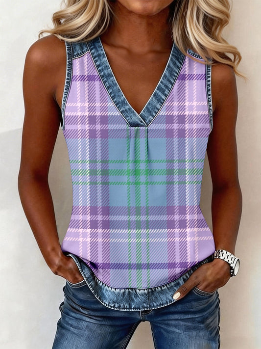Women's Bright Plaid Pattern Denim Patchwork Top