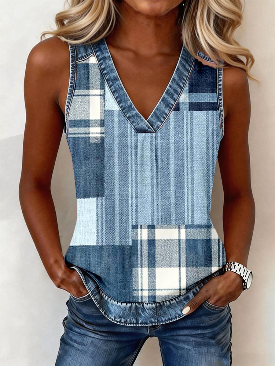 Women's Denim Patchwork V-Neck Top