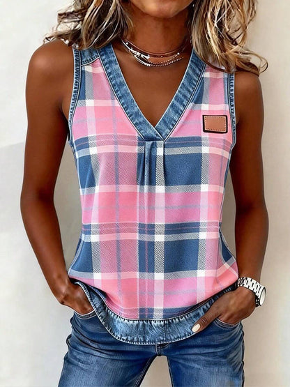 Women's Plaid Pattern Denim Patchwork Top
