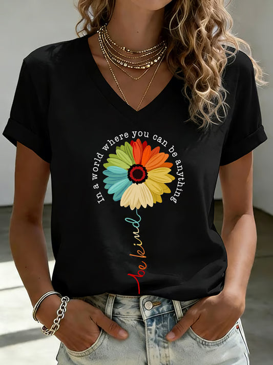 Women's Mental Health Awareness Be Kind Print V Neck T-shirt