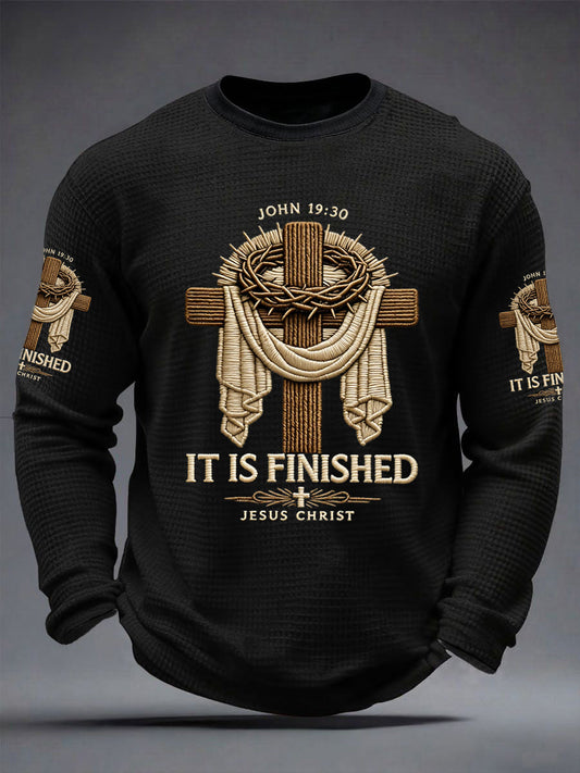 Men's He Is Risen It’s Finished Easter Jesus Christian Cross Print Casual Waffle Long Sleeve T-Shirt