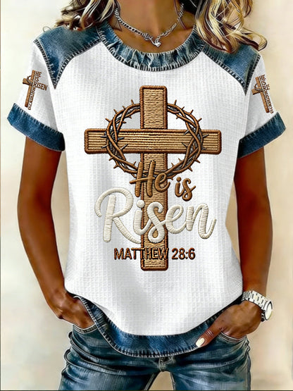 Women's He is Riser MATTHEW 28:6 Casual Short Sleeved T-Shirt
