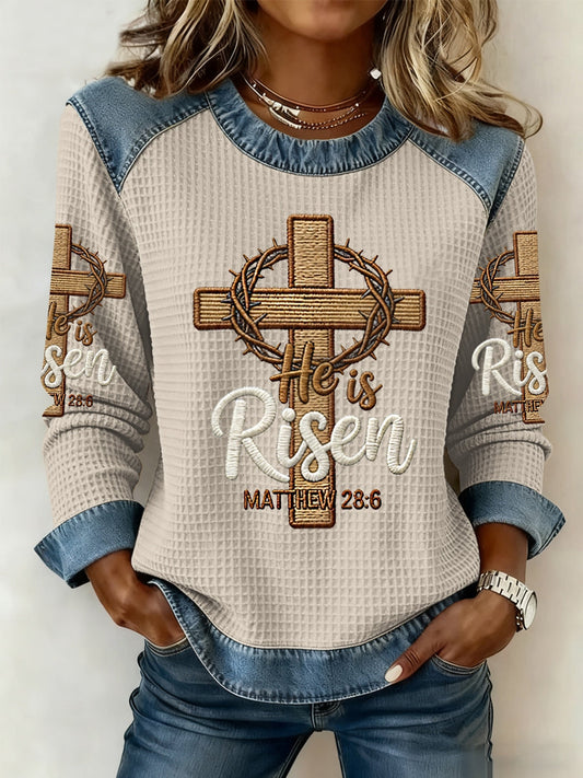 Women's He is Riser MATTHEW 28:6 Denim Patchwork Top
