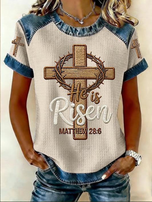 Women's He is Riser MATTHEW 28:6 Casual Short Sleeved T-Shirt