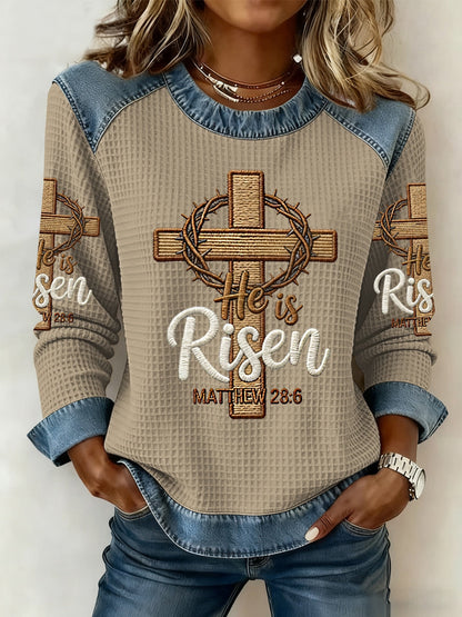 Women's He is Riser MATTHEW 28:6 Denim Patchwork Top
