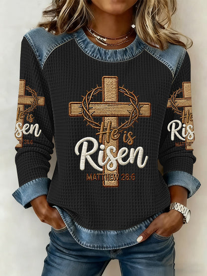 Women's He is Riser MATTHEW 28:6 Denim Patchwork Top