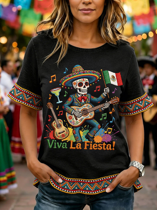 Women's Viva La Fiesta! Skull Print Casual Ruffle Sleeve Tee