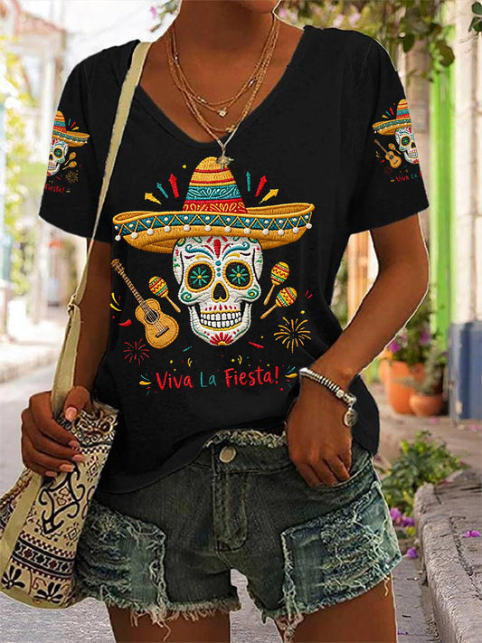 Women's Viva La Fiesta! Print Casual V-Neck Tee