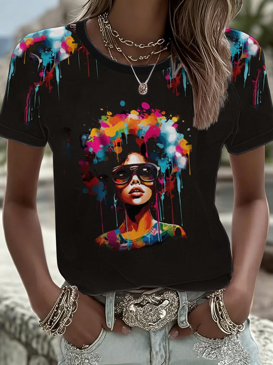 Women's Black Juneteenth Black Women Watercolor Graphic round neck short sleeve T-shirt