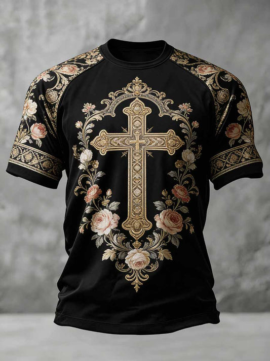 Men's Vintage Cross Print Casual T-Shirt