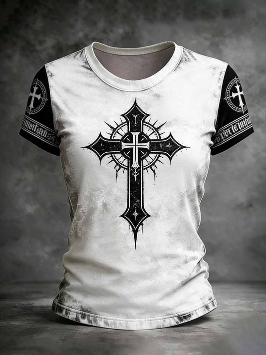 Women's Vintage Cross Print Casual T-Shirt
