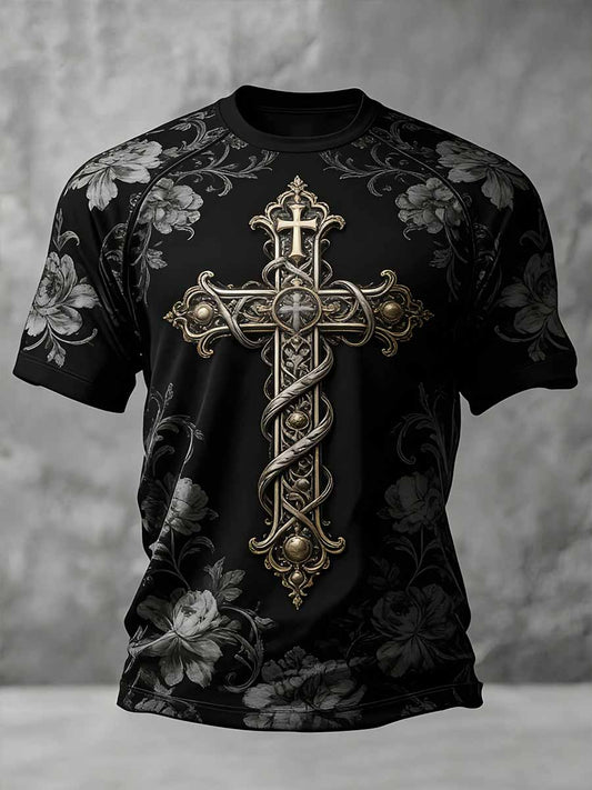 Men's Vintage Cross Print Casual T-Shirt