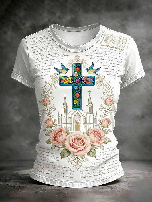 Women's Vintage Cross Print Casual T-Shirt