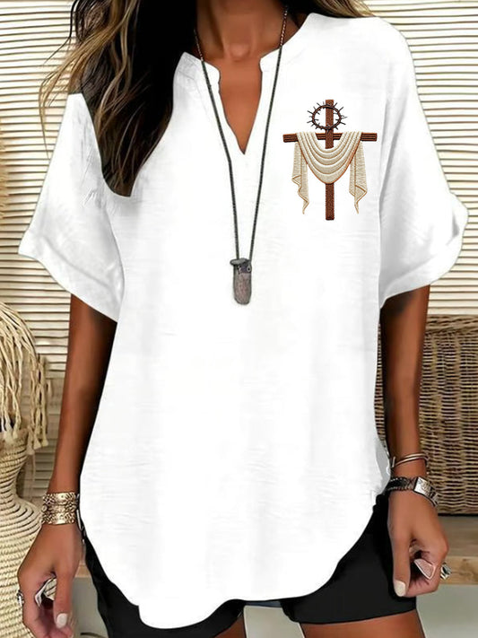Women's Christian Cross Print Casual Solid-Color V-Neck Short-Sleeve Shirt