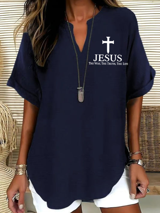 Women's Jesus The Way The Truth The Life Cross Print Casual Solid-Color V-Neck Short-Sleeve Shirt