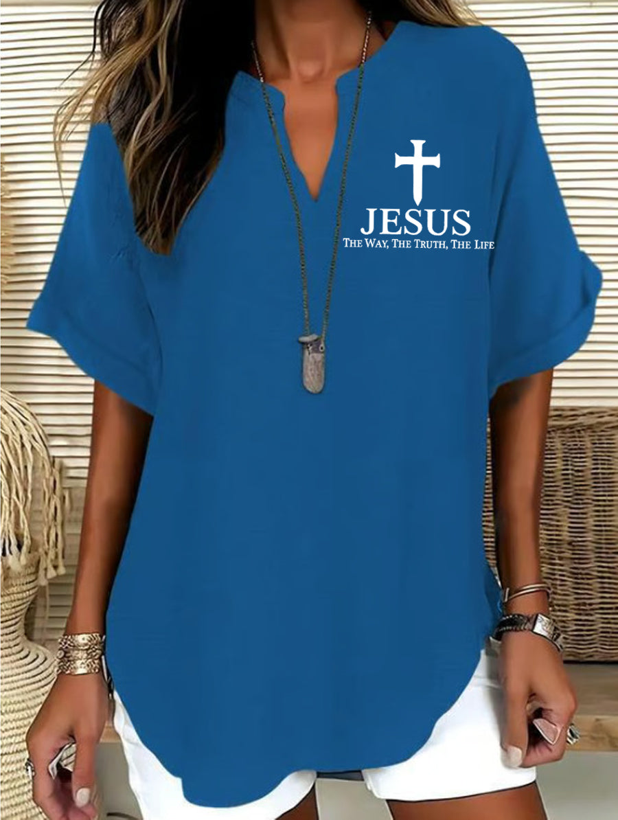 Women's Jesus The Way The Truth The Life Cross Print Casual Solid-Color V-Neck Short-Sleeve Shirt