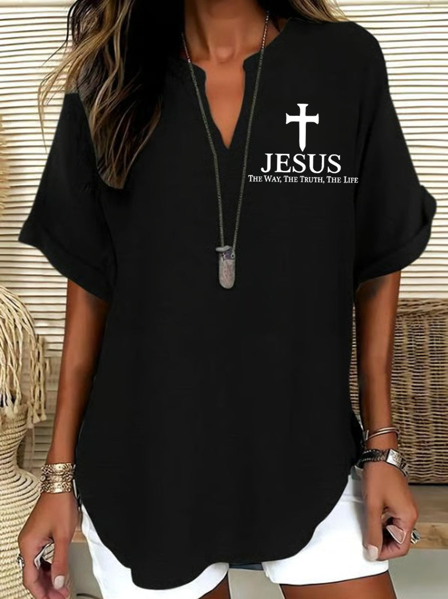 Women's Jesus The Way The Truth The Life Cross Print Casual Solid-Color V-Neck Short-Sleeve Shirt