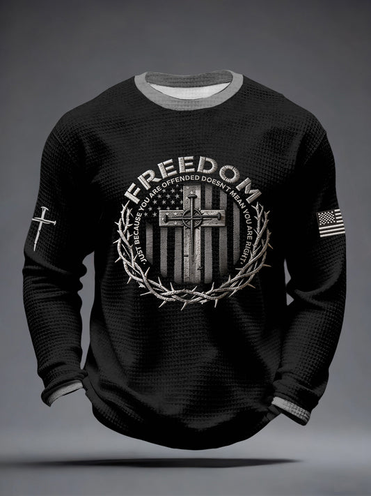 Men's Faith Freedom Embroidery Pattern Waffle T-Shirt