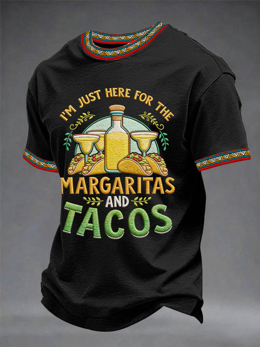 Men's Funny I'm Just Here For The Margaritas And Tacos Print Casual Tee